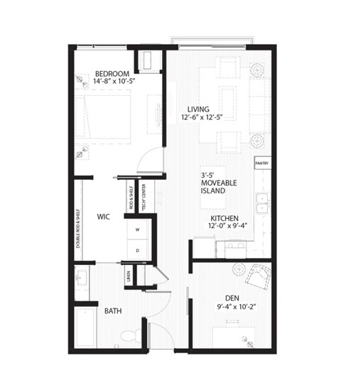 Floor plan for 1 bed, 1 bath, 873 sqft